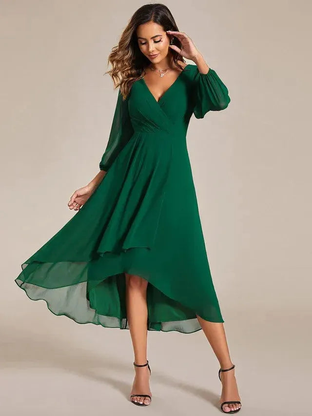 Women's Elegant Long Sleeve Midi Wedding Guest Dress with V-Neck