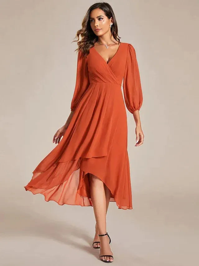 Women's Elegant Long Sleeve Midi Wedding Guest Dress with V-Neck