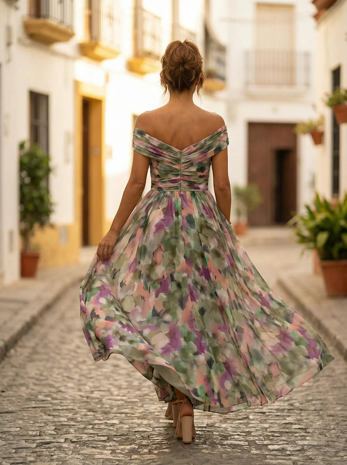 Women’s Elegant Off-Shoulder Maxi Wedding Guest Dress with Draped Waist