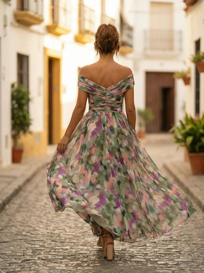 Women’s Elegant Off-Shoulder Maxi Wedding Guest Dress with Draped Waist