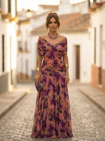 Women’s Elegant Off-Shoulder Maxi Wedding Guest Dress with Draped Waist