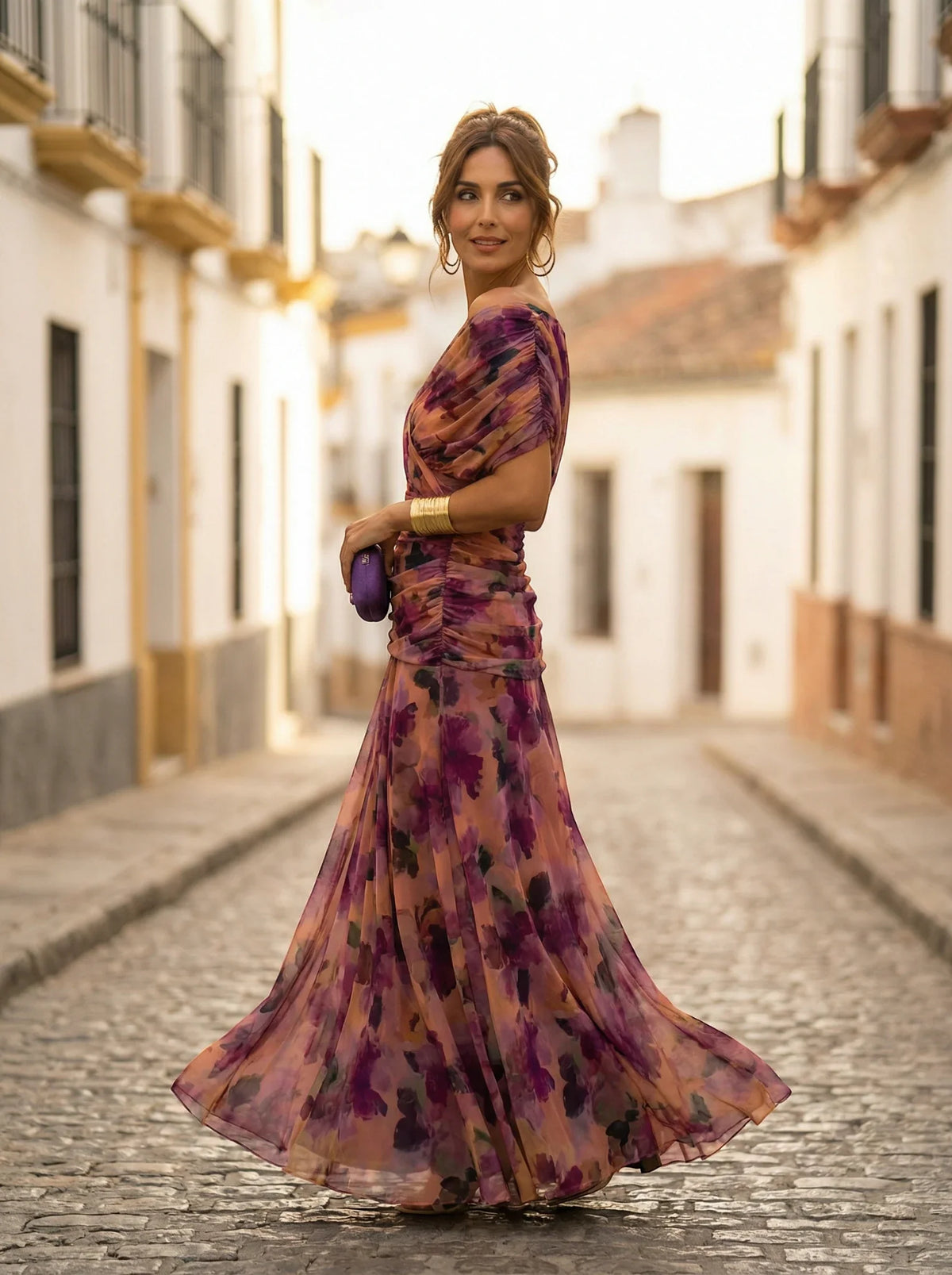 Women’s Elegant Off-Shoulder Maxi Wedding Guest Dress with Draped Waist