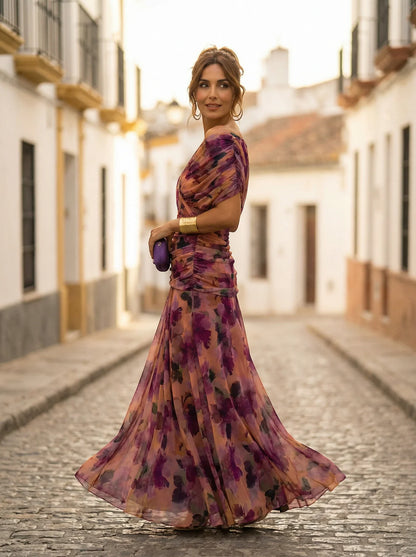 Women’s Elegant Off-Shoulder Maxi Wedding Guest Dress with Draped Waist