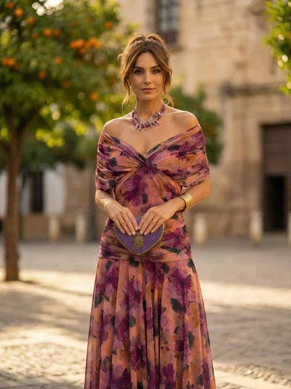 Women’s Elegant Off-Shoulder Maxi Wedding Guest Dress with Draped Waist