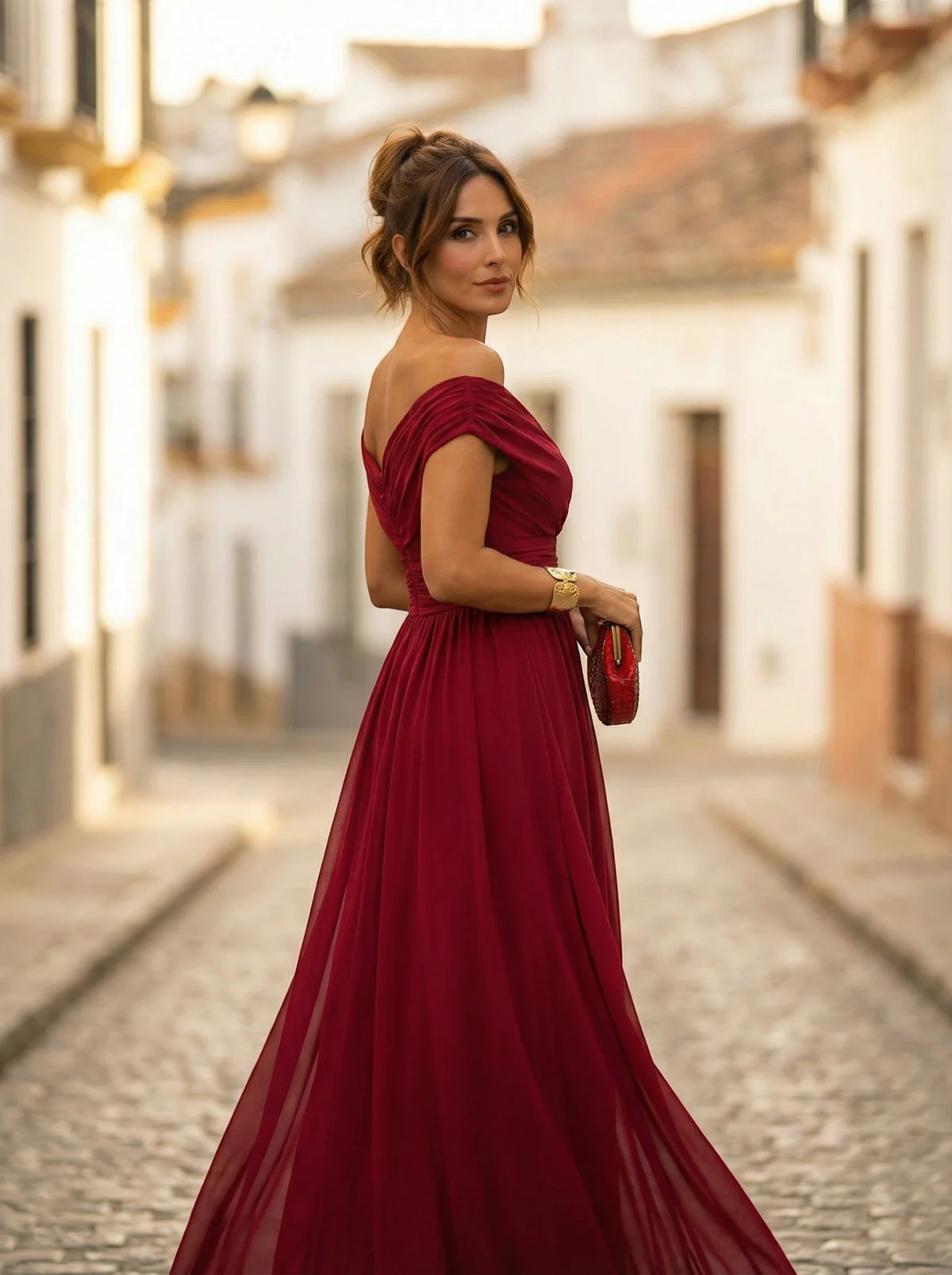 Women’s Elegant Off-Shoulder Maxi Wedding Guest Dress with Draped Waist