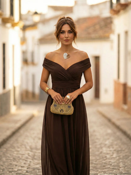 Women’s Elegant Off-Shoulder Maxi Wedding Guest Dress with Draped Waist
