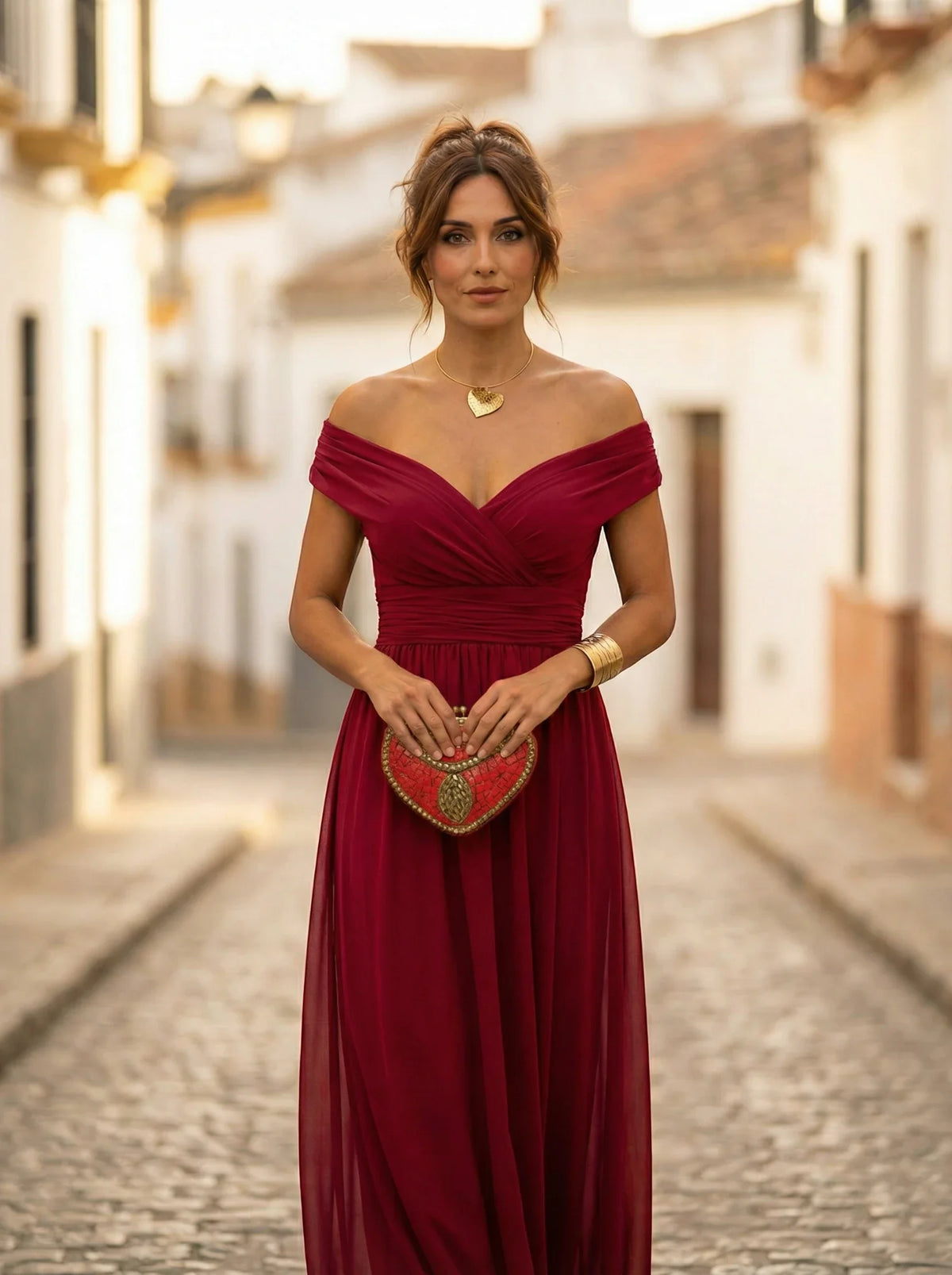 Women’s Elegant Off-Shoulder Maxi Wedding Guest Dress with Draped Waist