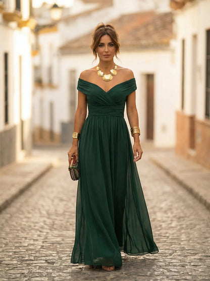 Women’s Elegant Off-Shoulder Maxi Wedding Guest Dress with Draped Waist