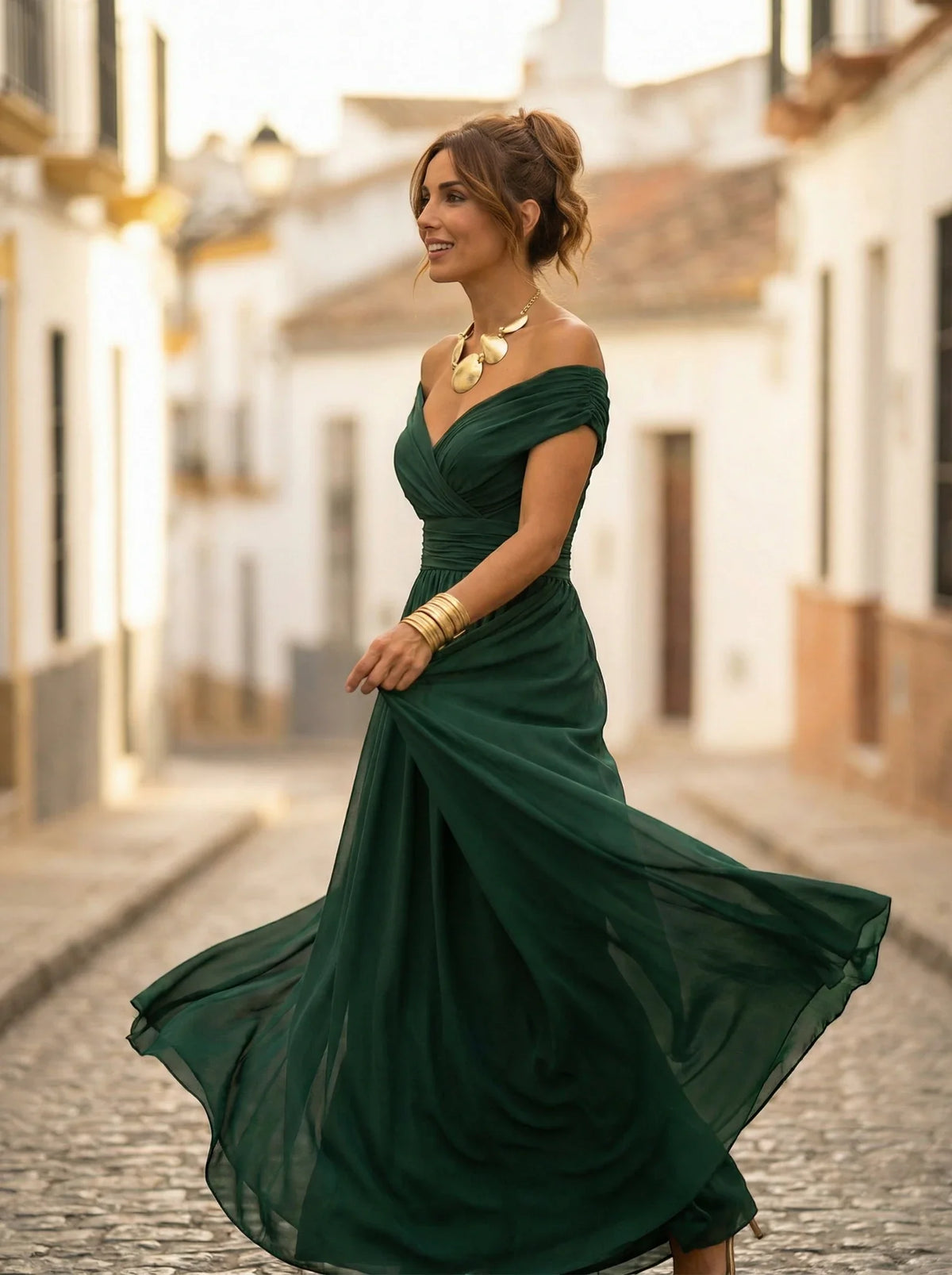 Women’s Elegant Off-Shoulder Maxi Wedding Guest Dress with Draped Waist