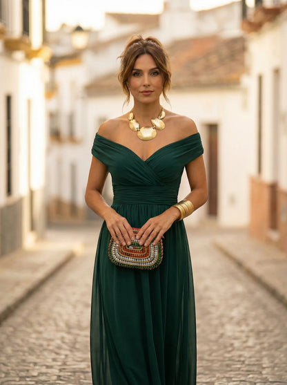 Women’s Elegant Off-Shoulder Maxi Wedding Guest Dress with Draped Waist