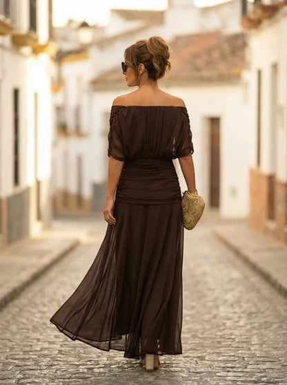 Women’s Elegant Off-Shoulder Maxi Wedding Guest Dress with Draped Waist