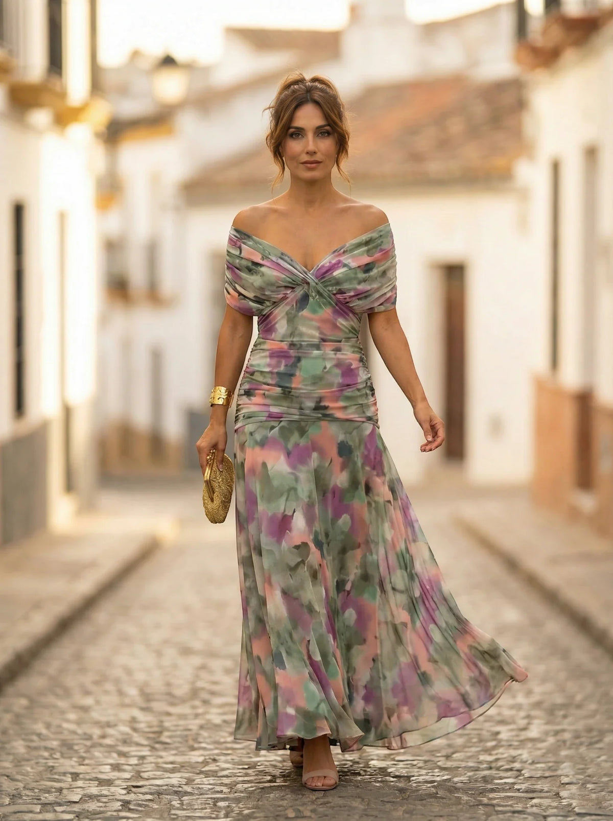 Women’s Elegant Off-Shoulder Maxi Wedding Guest Dress with Draped Waist