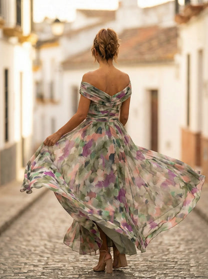 Women’s Elegant Off-Shoulder Maxi Wedding Guest Dress with Draped Waist