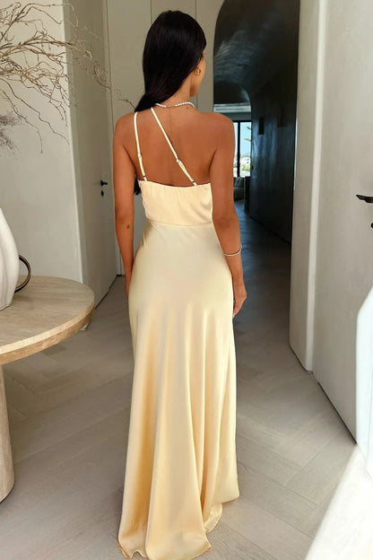 Women's Elegant One Shoulder Maxi Wedding Guest Dress Slit