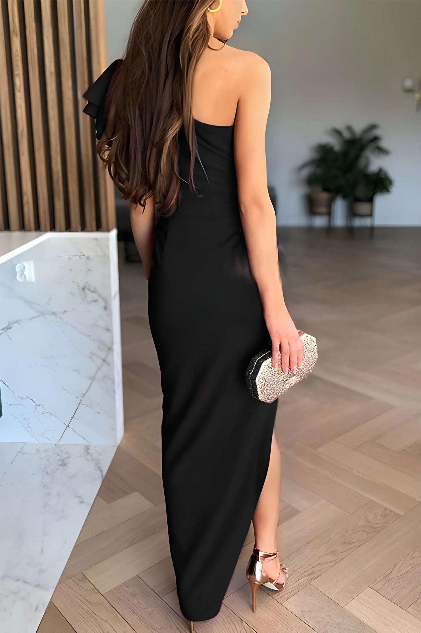 Women's Elegant One Shoulder Maxi Wedding Guest Dress with Slit