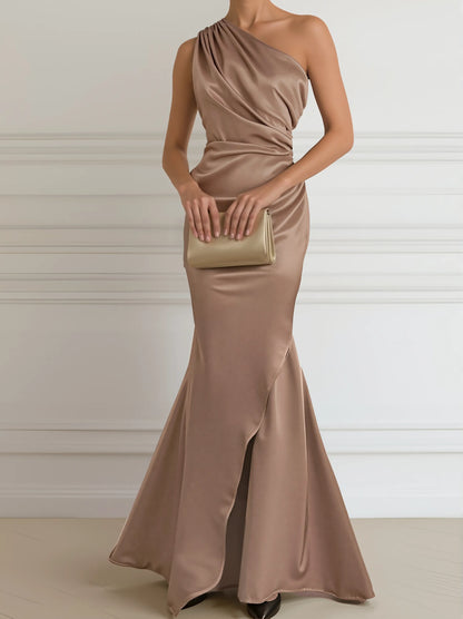 Women's Elegant One Shoulder Maxi Wedding Guest Dress with Slit