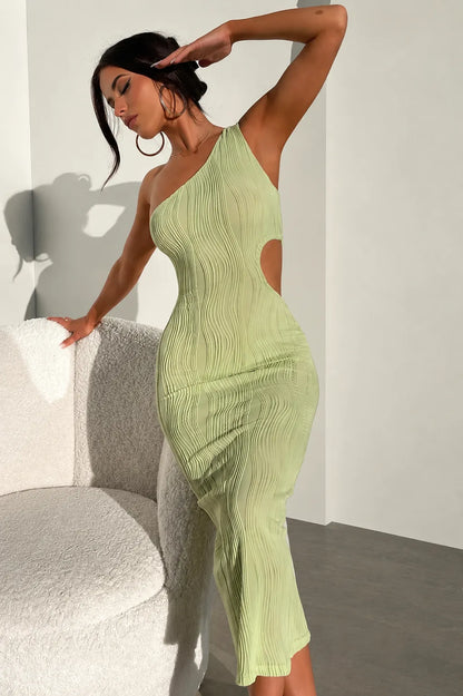 Women’s Elegant One Shoulder Midi Wedding Guest Dress with Cut Out