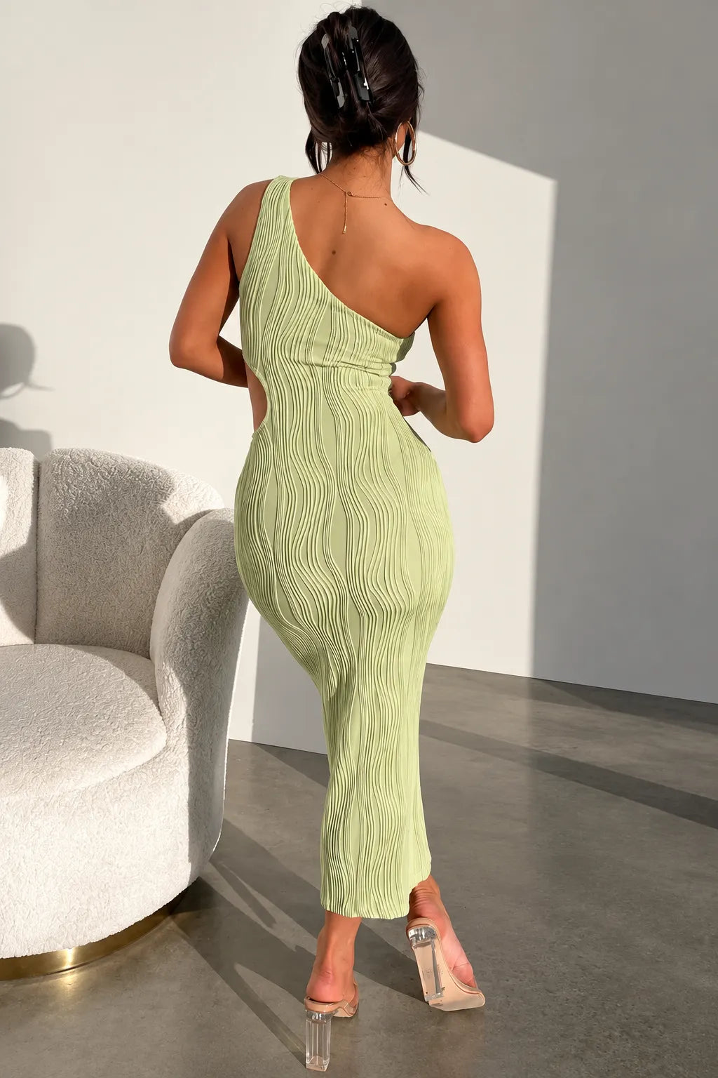 Women’s Elegant One Shoulder Midi Wedding Guest Dress with Cut Out