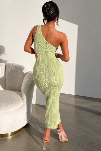 Women’s Elegant One Shoulder Midi Wedding Guest Dress with Cut Out