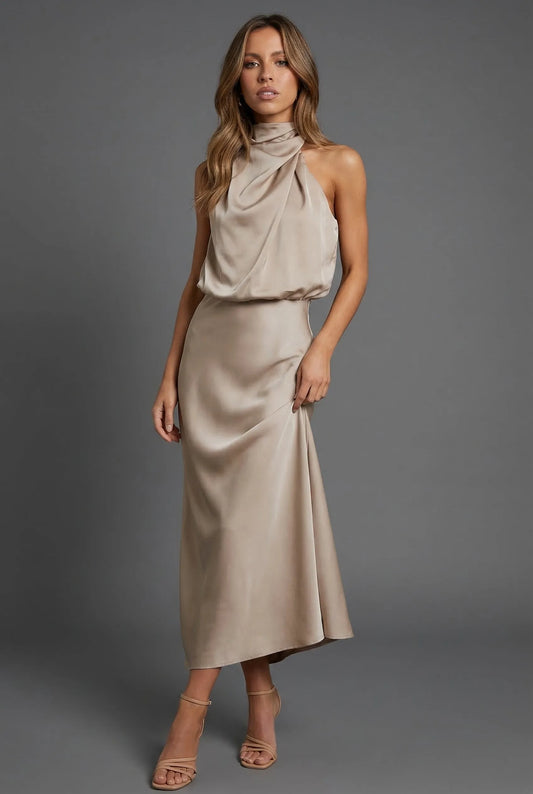 Women's Elegant Open Back Midi Wedding Guest Dress with Halter Neckline
