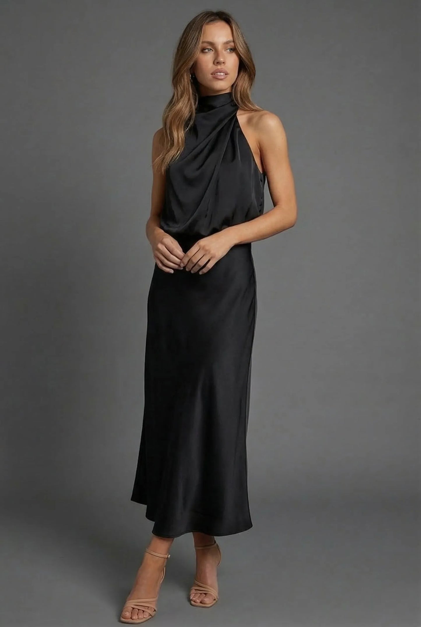 Women's Elegant Open Back Midi Wedding Guest Dress with High Neck