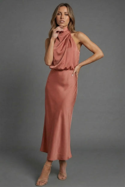 Women's Elegant Open Back Midi Wedding Guest Dress with High Neck