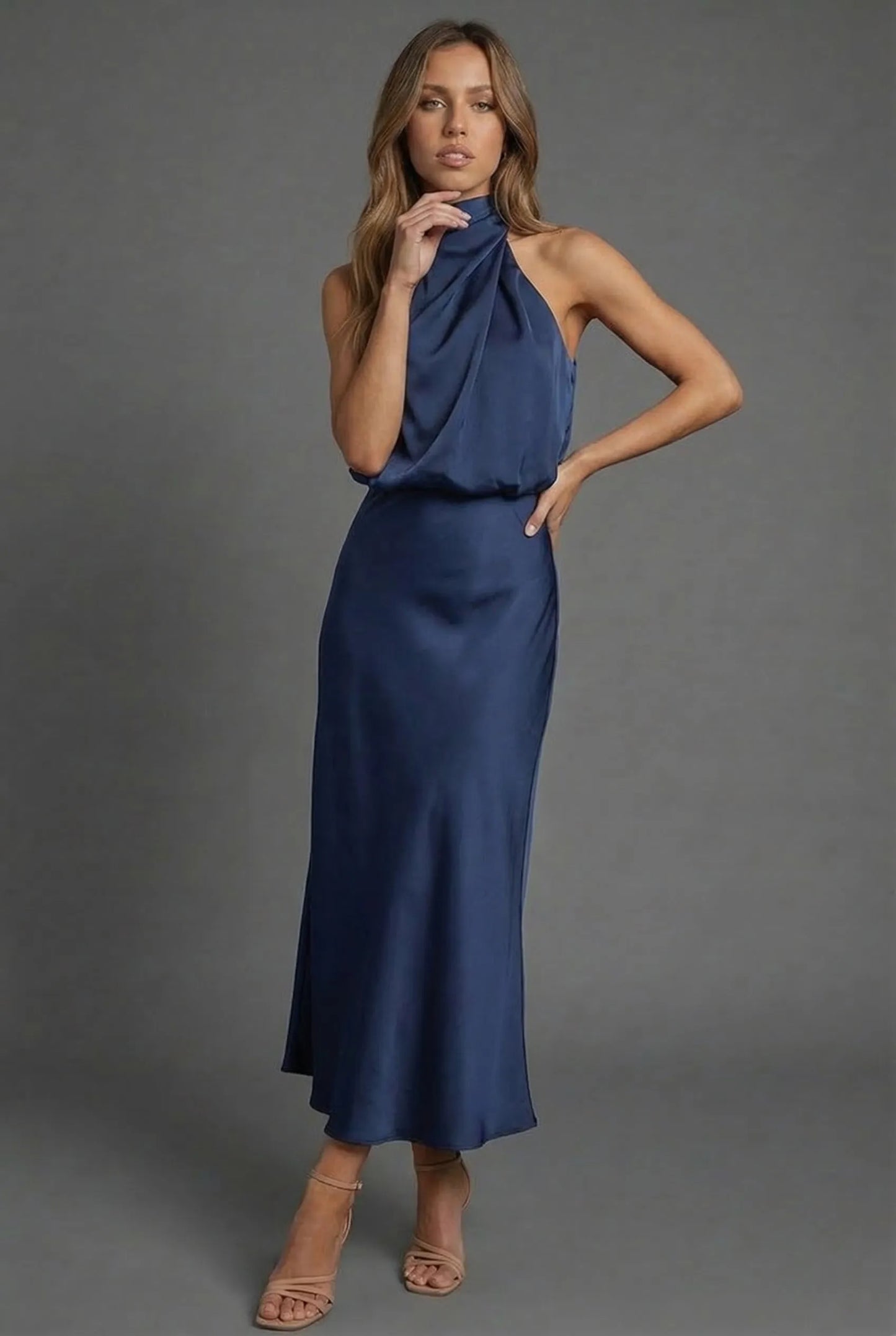 Women's Elegant Open Back Midi Wedding Guest Dress with High Neck
