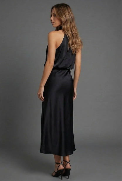 Women's Elegant Open Back Midi Wedding Guest Dress with High Neck
