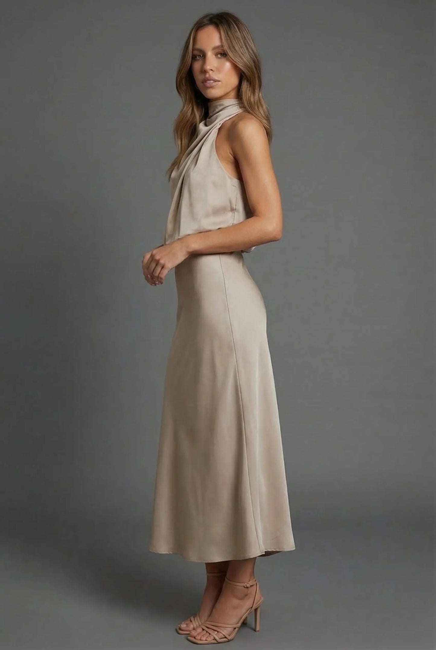 Women's Elegant Open Back Midi Wedding Guest Dress with High Neck