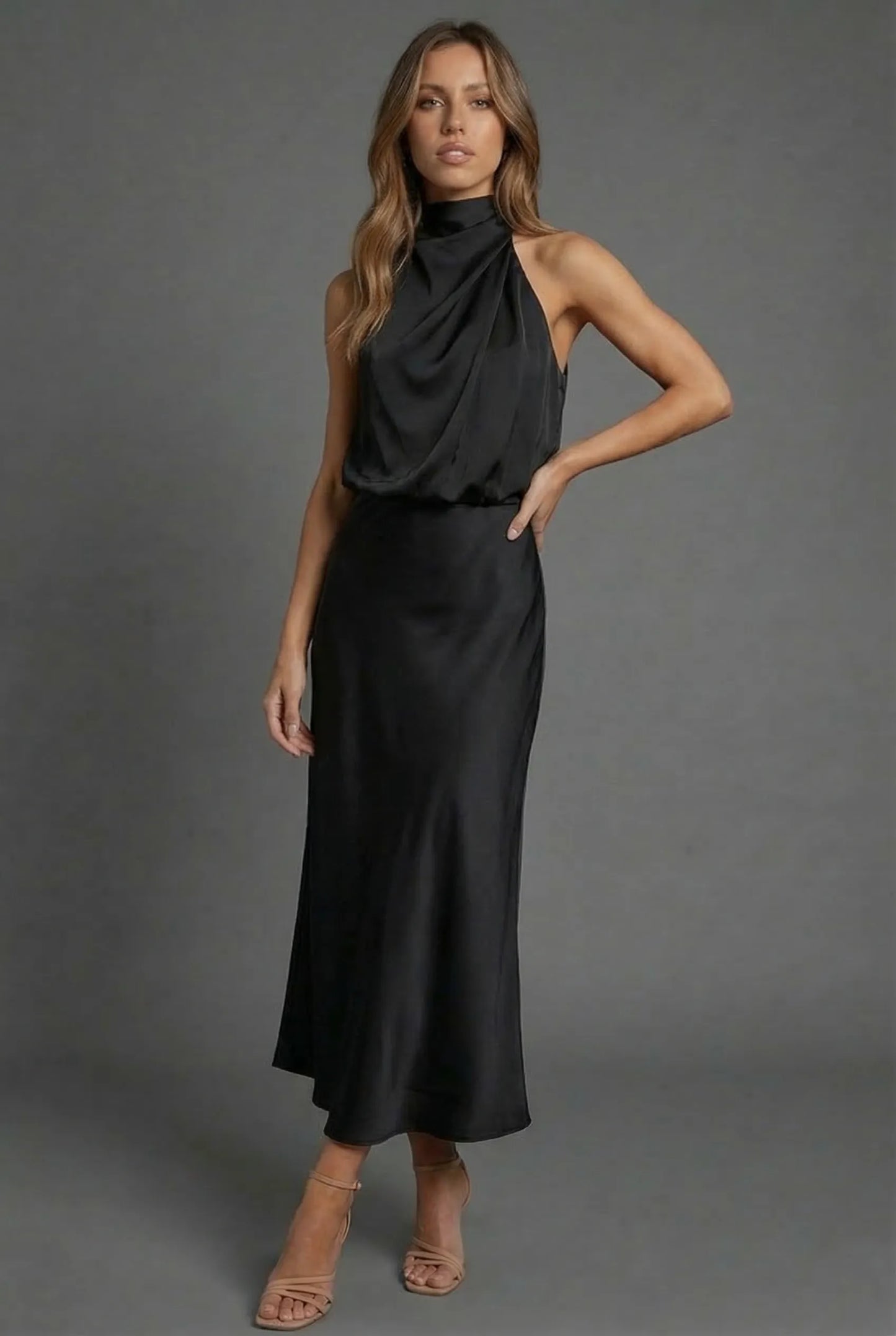 Women's Elegant Open Back Midi Wedding Guest Dress with High Neck