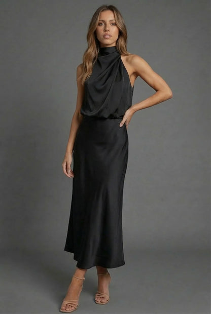 Women's Elegant Open Back Midi Wedding Guest Dress with High Neck