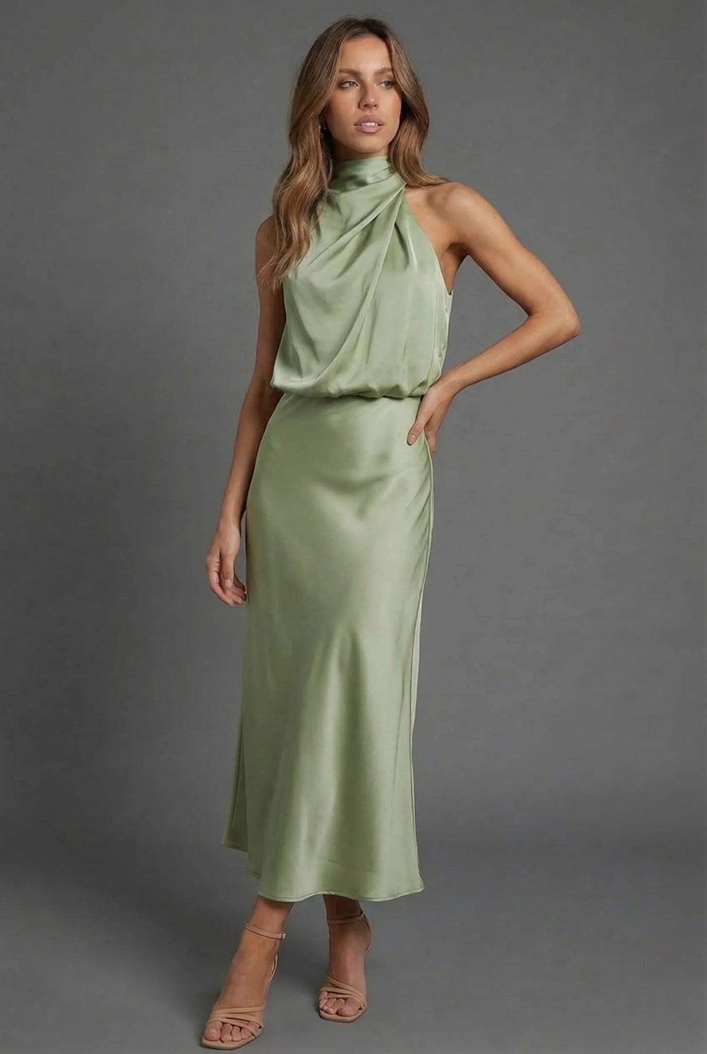 Women's Elegant Open Back Midi Wedding Guest Dress with High Neck
