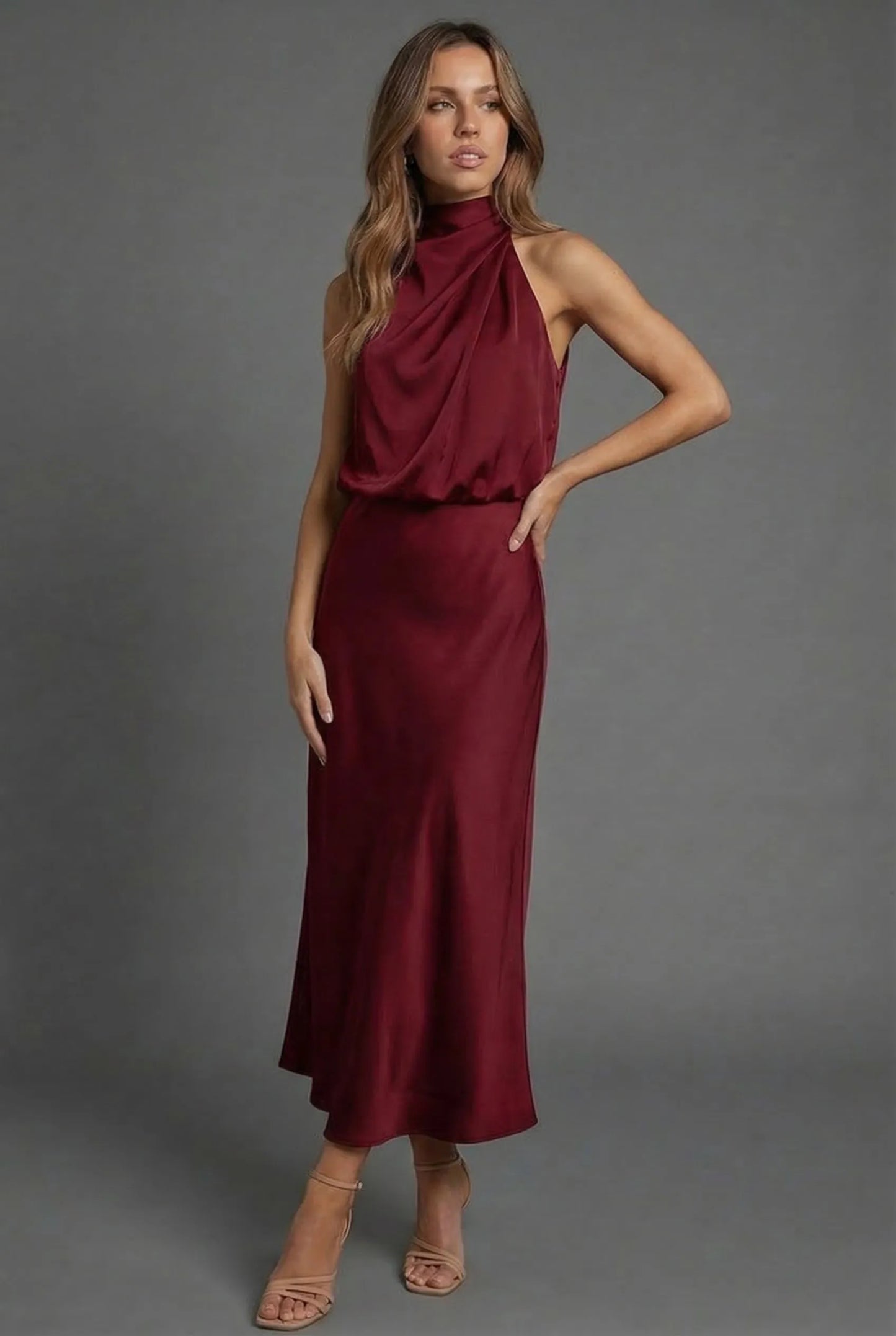 Women's Elegant Open Back Midi Wedding Guest Dress with High Neck