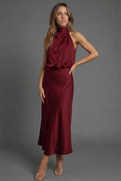 Women's Elegant Open Back Midi Wedding Guest Dress with High Neck