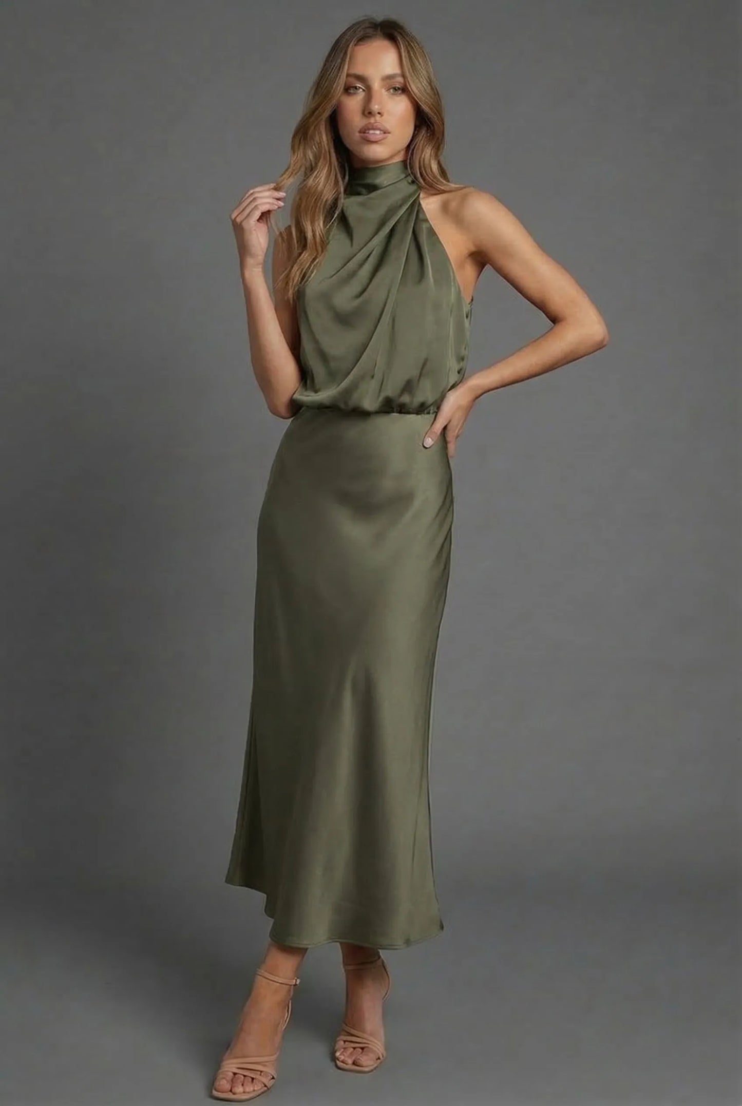 Women's Elegant Open Back Midi Wedding Guest Dress with High Neck