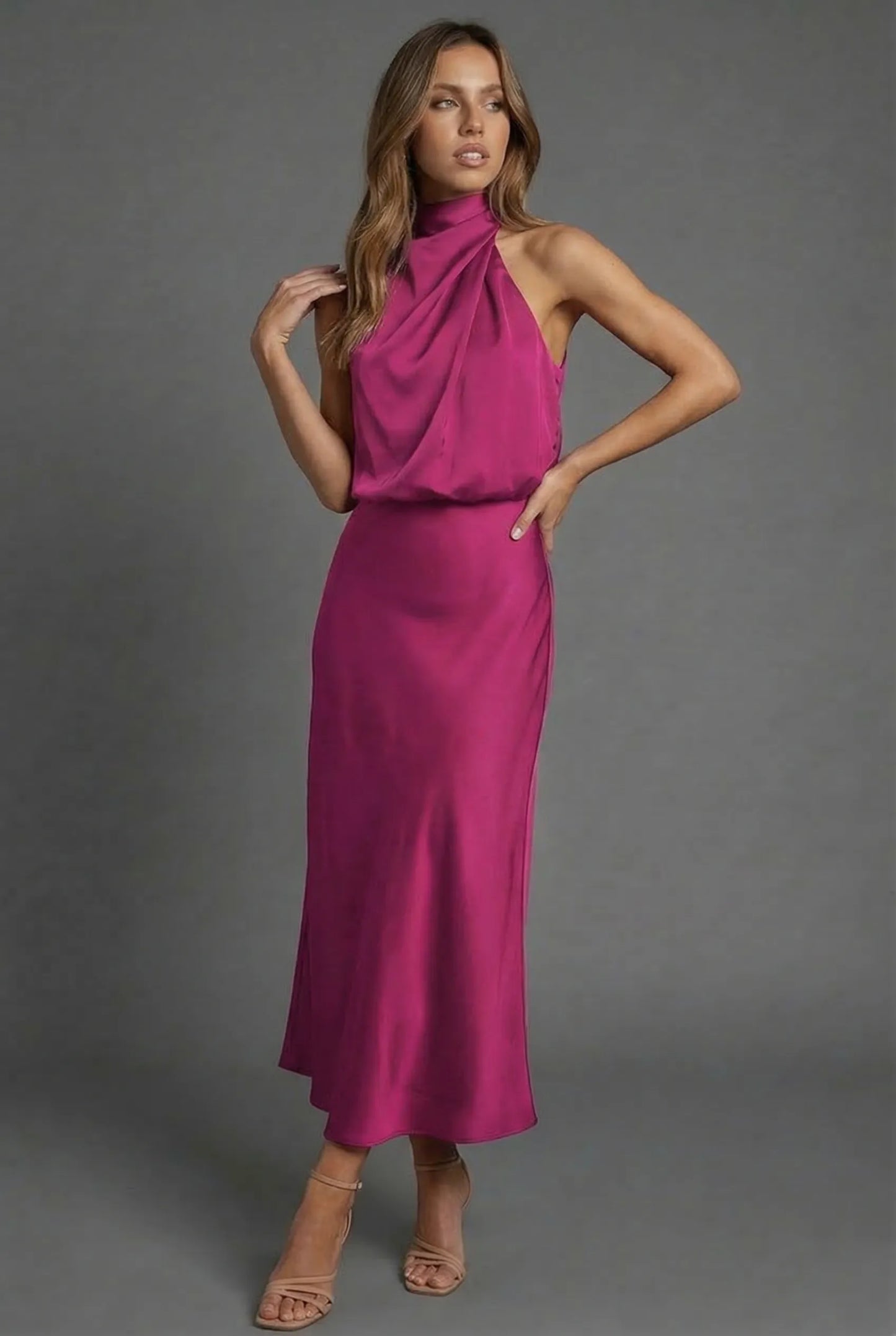 Women's Elegant Open Back Midi Wedding Guest Dress with High Neck