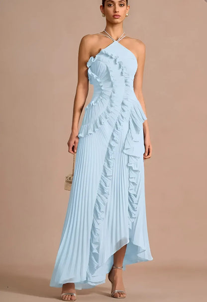Women's Elegant Pleated Maxi Wedding Guest Dress with Halter Neck