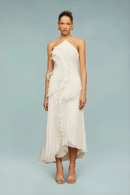Women's Elegant Pleated Maxi Wedding Guest Dress with Halter Neck
