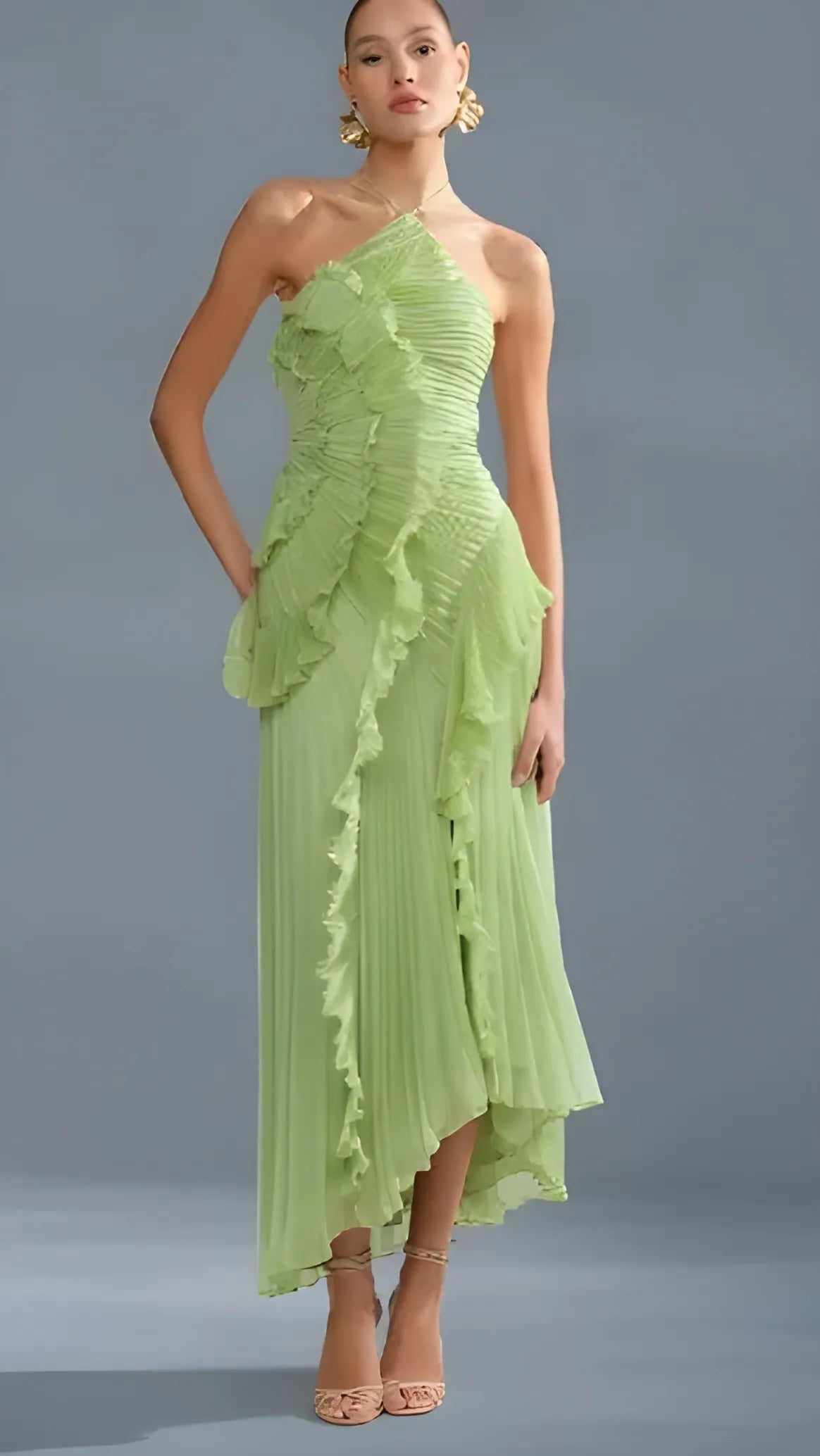 Women's Elegant Pleated Maxi Wedding Guest Dress with Halter Neck