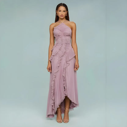 Women's Elegant Pleated Maxi Wedding Guest Dress with Halter Neck