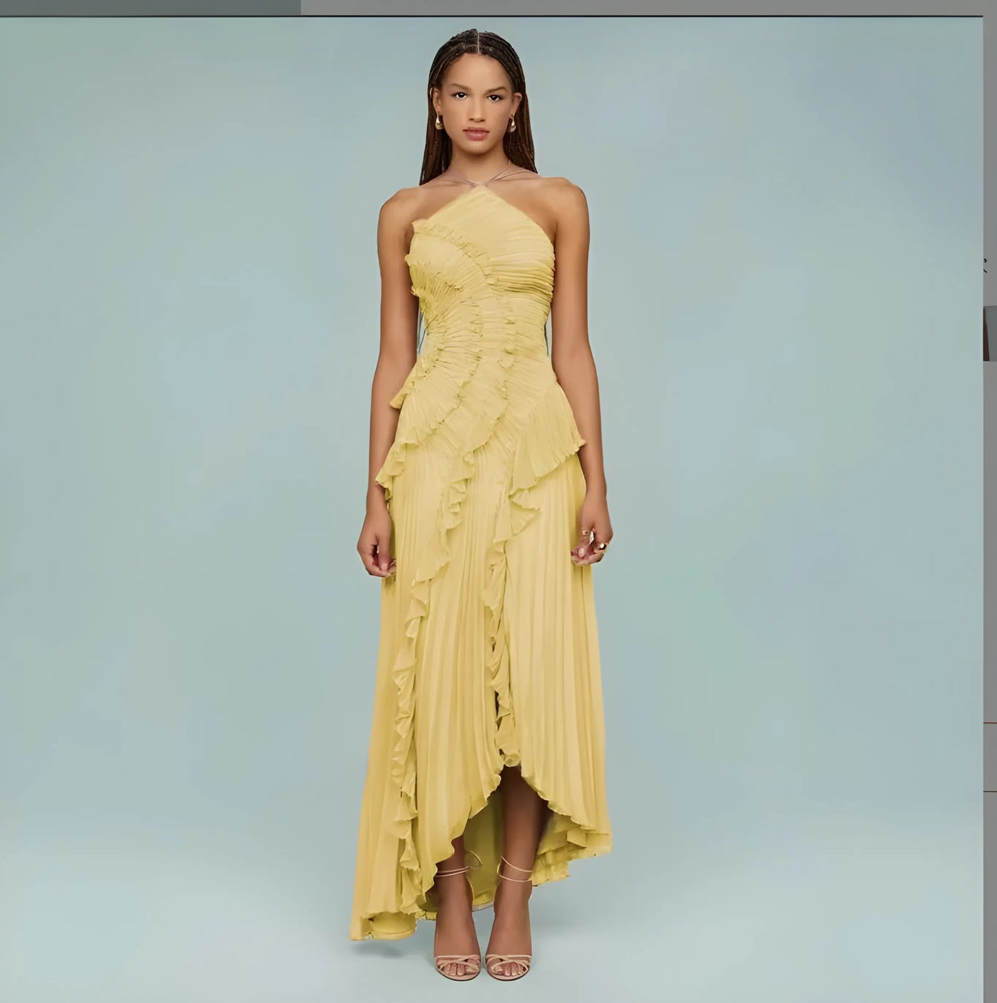 Women's Elegant Pleated Maxi Wedding Guest Dress with Halter Neck