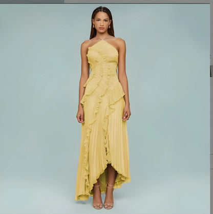 Women's Elegant Pleated Maxi Wedding Guest Dress with Halter Neck