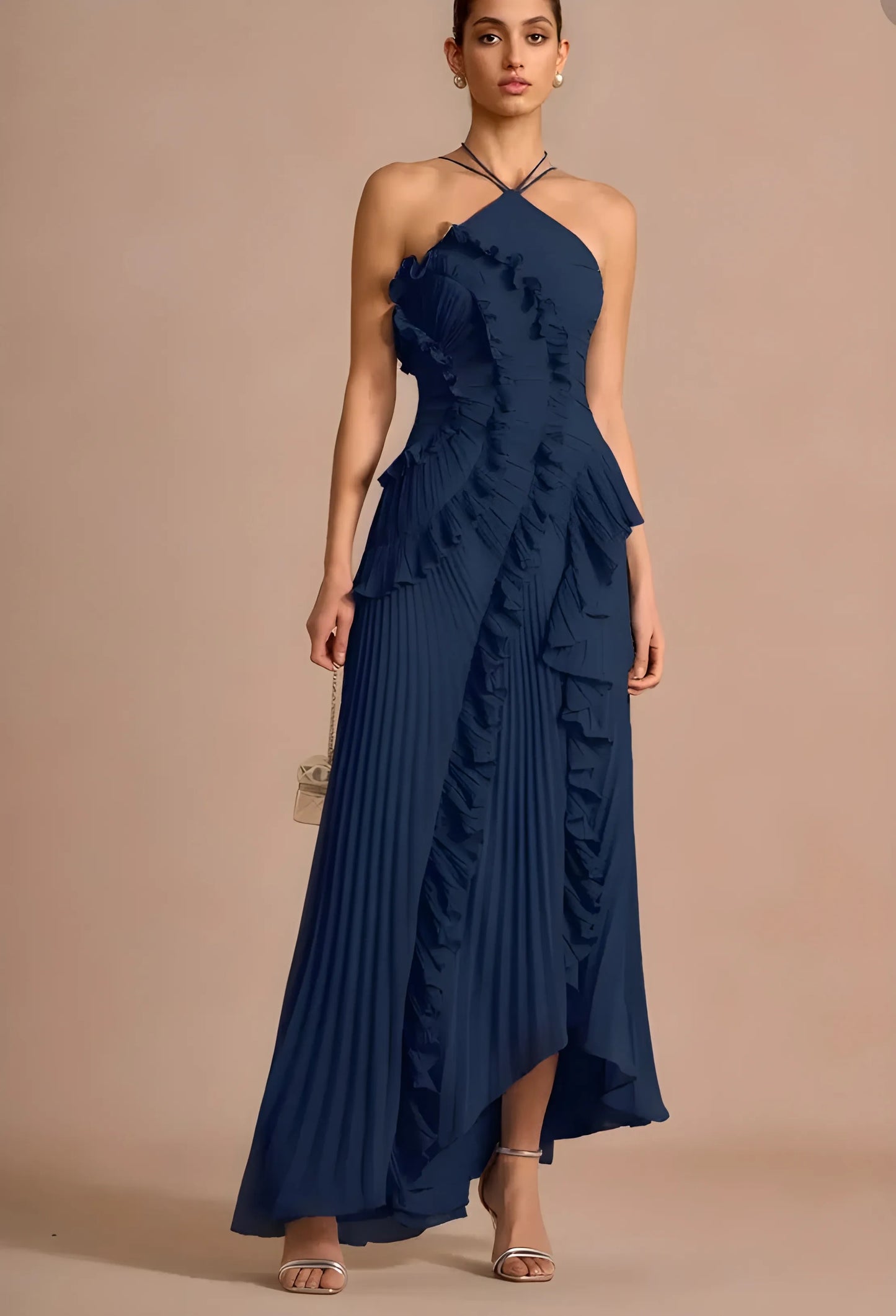 Women's Elegant Pleated Maxi Wedding Guest Dress with Halter Neck