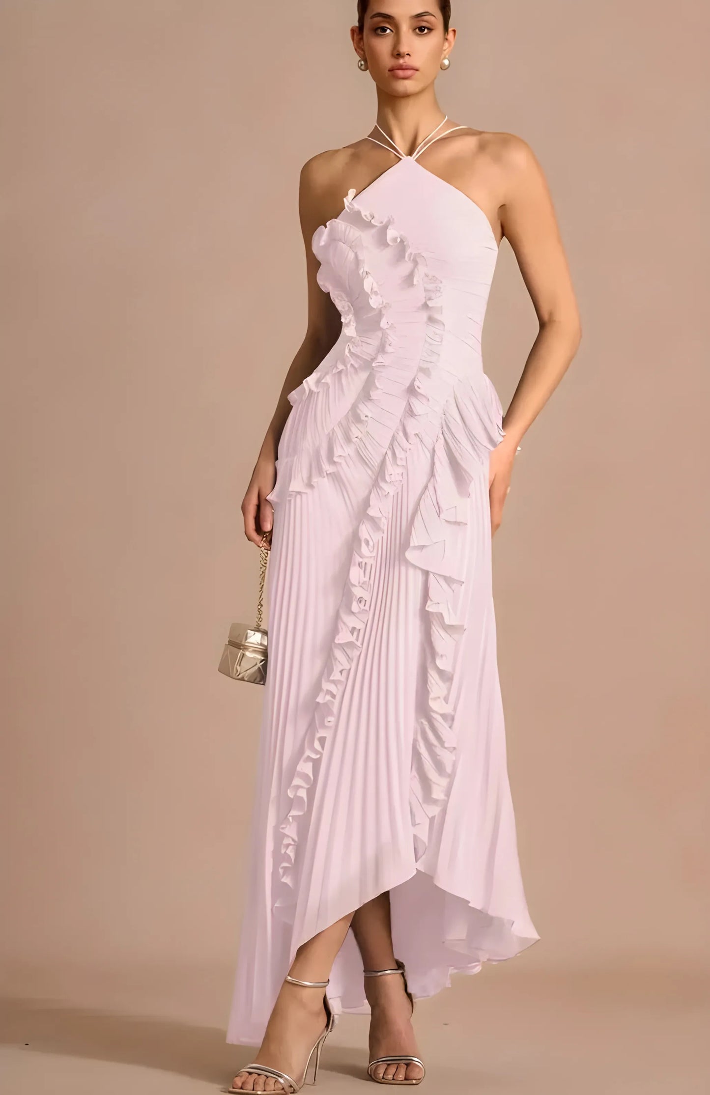 Women's Elegant Pleated Maxi Wedding Guest Dress with Halter Neck