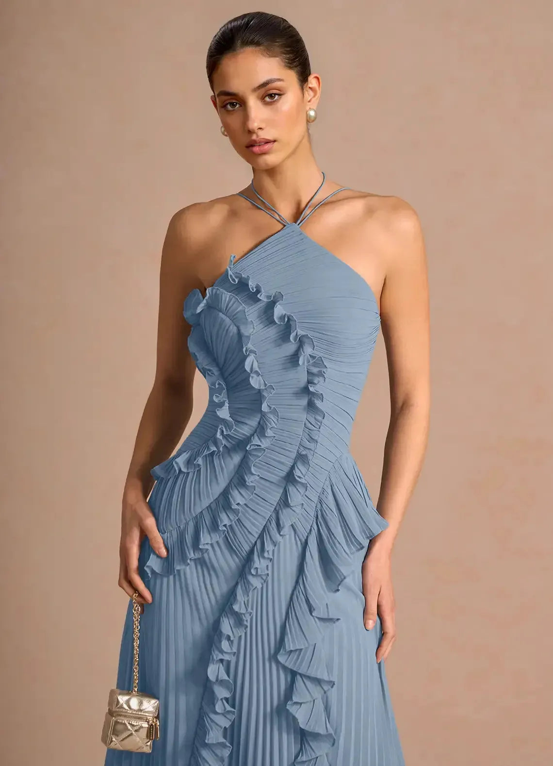 Women's Elegant Pleated Maxi Wedding Guest Dress with Halter Neck