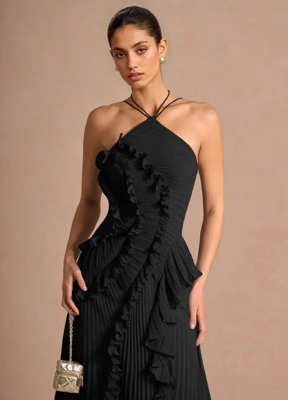 Women's Elegant Pleated Maxi Wedding Guest Dress with Halter Neck