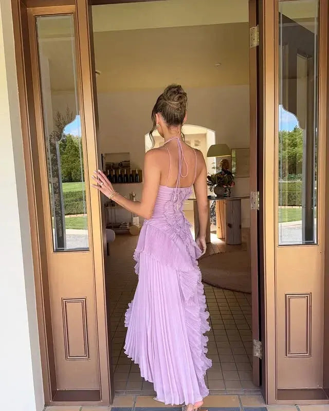 Women's Elegant Pleated Maxi Wedding Guest Dress with Halter Neck