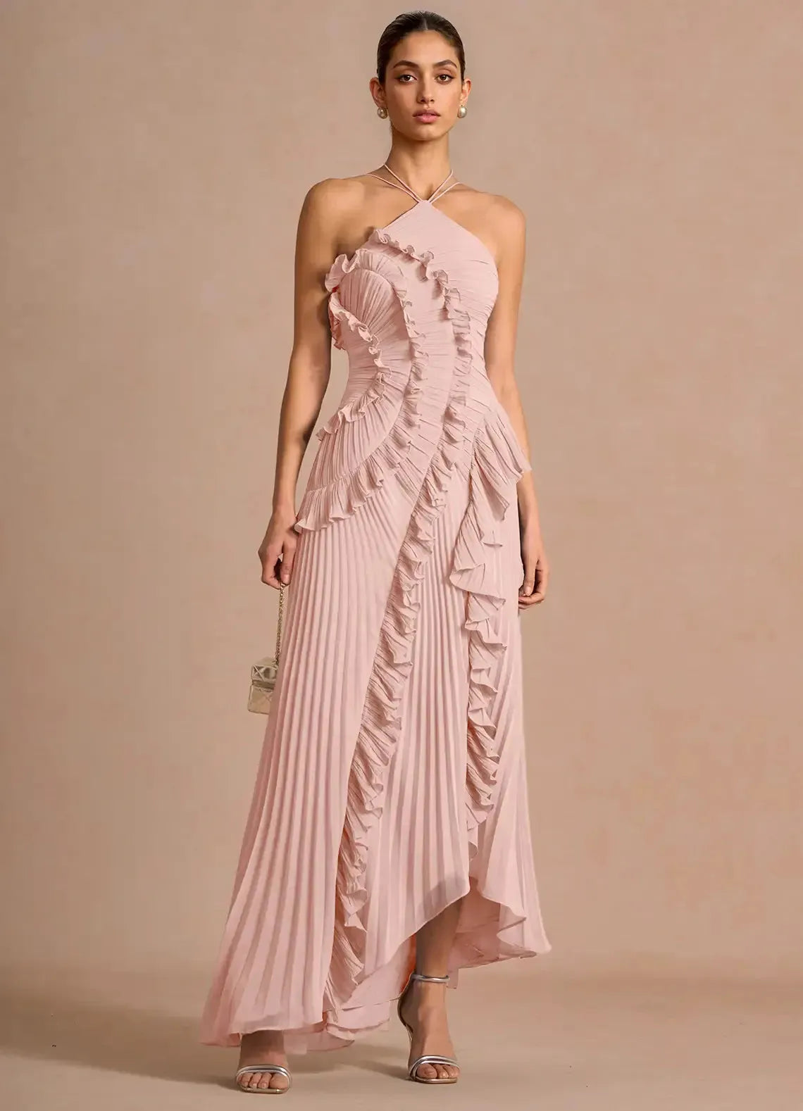 Women's Elegant Pleated Maxi Wedding Guest Dress with Halter Neck