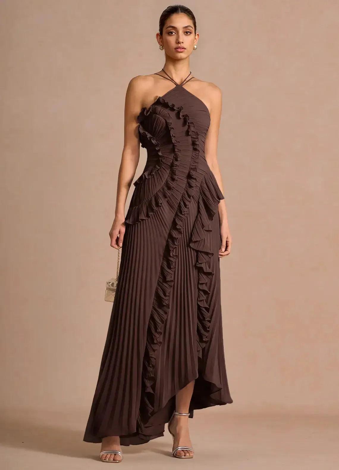 Women's Elegant Pleated Maxi Wedding Guest Dress with Halter Neck