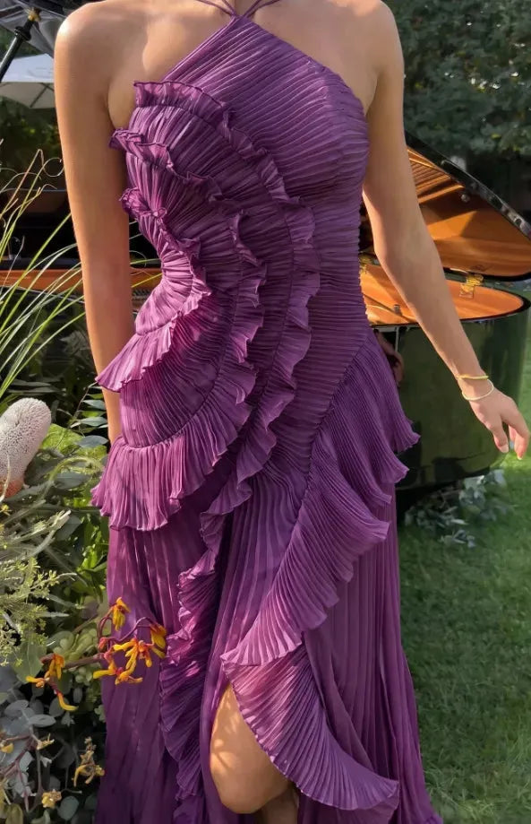 Women's Elegant Pleated Maxi Wedding Guest Dress with Halter Neck